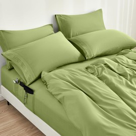 BYSURE 6 Pieces Bed Sheets Set with Pockets on Side(King, Sage Green), Sweat-Wicking Breathable Sheets, 16-inch Super Soft Hotel Embroidered Microfiber Sheet Set