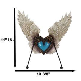 Ebros Gift Rustic Western Tooled Faux Leather Fleur De Lis Heart with Turquoise Rock and Angel Wings Wall Double Hooks Decorative Hanging Accent