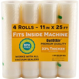 OutOfAir Vacuum Sealer Rolls - 11” x 25’ (4 Pack, 100ft) - Heavy-Duty, 33% Thicker, BPA-Free, Works with FoodSaver, Weston, Anova & More - Food Storage, Sous Vide, Freezer, Microwave & Boil Safe