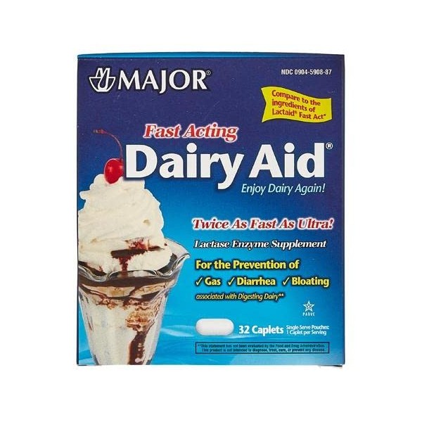 Major Fast Acting Dairy Aid Lactase Enzyme Supplement for Prevention of Gas Diarrhea Bloating - 32 Caplets