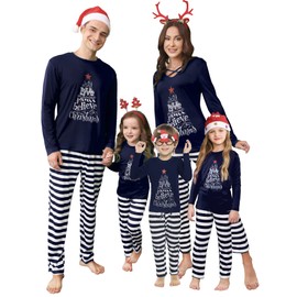 iClosam Matching Family Pajamas Set Striped Christmas Pajamas Sleepwear Dad Mom PJs Navy