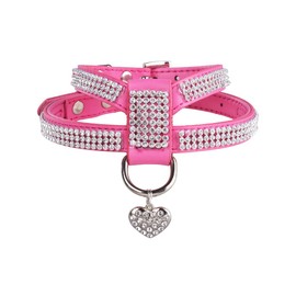 EXPAWLORER Dog Harness Genuine Leather Soft Padded Pet Sparkly Rhinestone Vest with Heart Pendant for Puppy Cat , Pink (S, Pink)