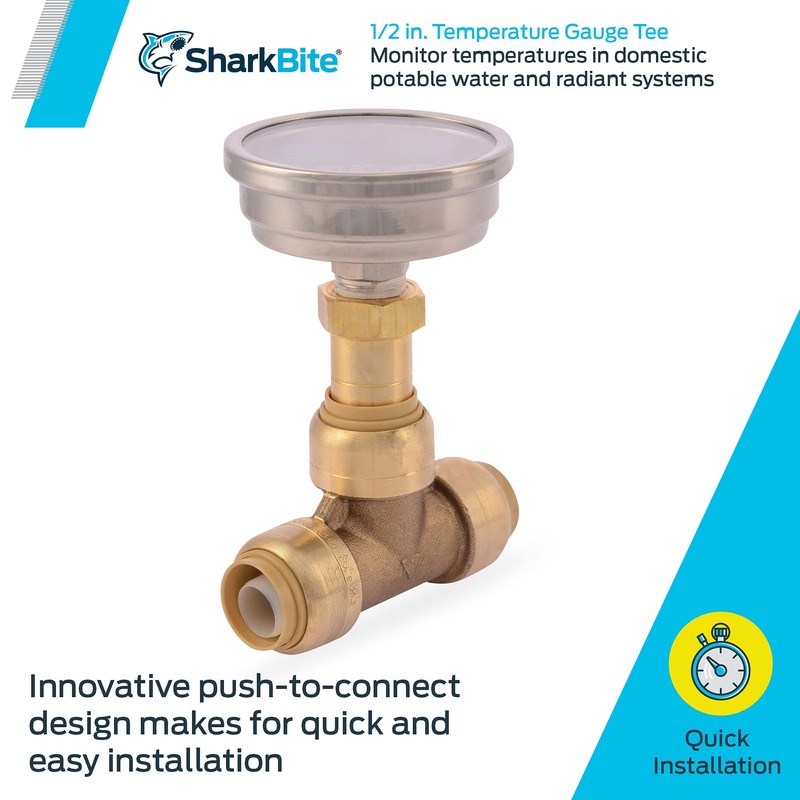 SharkBite 1/2 Inch Temperature Gauge Tee, Push to Connect Brass