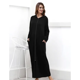 COLORFULLEAF Women's Zip Up Robes Long Sleeve Hooded Fleece Bathrobe Soft Warm Housecoat Loungewear with Pockets(Black,M)