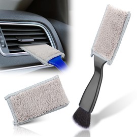 Double Head Brush for Car Clean, 2 in 1 Car Detailing Brush, Double Ended Portable Dust Brush with 2 Cleaning Cloth, Universal Dust Removal Brush for Air Conditioner Outlets, Dashboard Screen (Black)