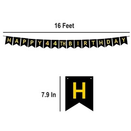 HAPPY 44TH BIRTHDAY Banner, Pre-Strung, Black Gold 44th Birth Party Backdrop Decorations, Happy 44 Year Old Bady Bunting Background, Forty-four Birthday Theme Flag