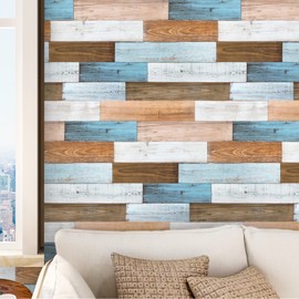 YAMANGU Wood Peel and Stick Wallpaper, Blue Distressed Wall Paper, Shiplap Wallpaper for Living Room, Bedroom, Cabinets, Home Decoration, Brown White Grey Colorful Wood Grain Contact Paper