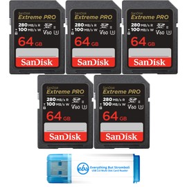 SanDisk (5 Pack) SDXC Memory Card 64GB UHS-II Extreme Pro V60 for Photo and Video (SDSDXEP-064G-GN4IN) Bundle with 1 Everything But Stromboli Micro & SD Card Reader