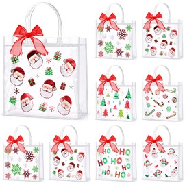 Hosuly 24 Pcs Christmas Clear Gift Bags with Handle Ribbon Clear PVC Xmas Party Favor Bags Plastic Christmas Candy Treat Goodie Bags for Holiday Winter Wedding Birthday Party Supplies