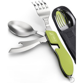 Orblue Juego de cubiertos para acampar 4 en 1, paquete de 2 - Juego de cuchara, tenedor, cuchillo y abridor de botellas portátil - Cubiertos de acero 