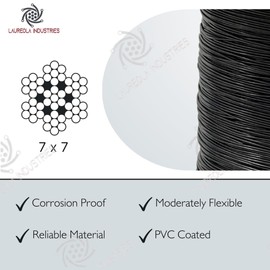 Laureola 1/16" to 3/32" (PVC) Vinyl Coated Black Color Galvanized Cable 7x7 Strand Aircraft Cable Wire Rope