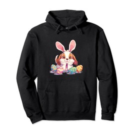 Colorful Easter Eggs Hunt 2024 Dog With Bunny Ears for Kids Pullover Hoodie