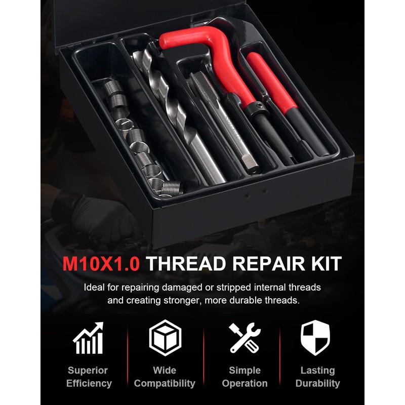 Kolvoii M10X1.0 Thread Repair Kit, Metric Helicoil Thread Repair Kit