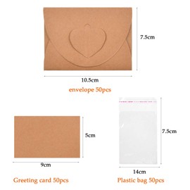 FOCCTS Pack of 50 Kraft Paper Envelopes 7 x 10.5 cm Mini Kraft Paper Envelopes with Heart Closure for Greeting Cards Christmas Valentine's Day Gift Cards
