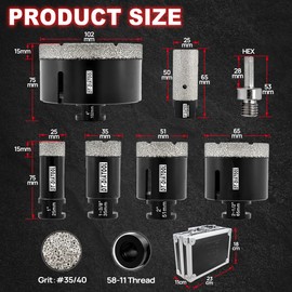 DT-DIATOOL Diamond Core Drill Bits Kit 25/35/51/65/102mm with Diamond Finger Bit 25mm for Tile Marble Granite Stone Vacuum Brazed Hole Saw Kit
