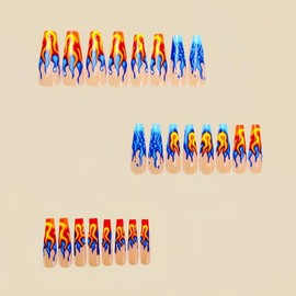 QQPPOLIU Hot Girls Press on Nails Long Length Coffin Shape with Fire Design Fake Nails for Prom and Party