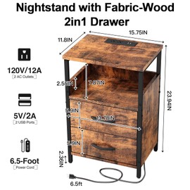 SOOWERY Drawer Dresser for Bedroom with Charging Station, Drawers Dresser with Steel Frame and Wood Top, Fabric Chest of Drawers Storage Organizer for Bedroom Closet, Brown