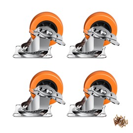 ASHGOOB 1.5 Inch Casters, ASHGOOB Caster Wheels with Side Brake, Locking Casters Set of 4, Industrial/Furniture Swivel Plate Caster Wheels for Workbench and Carts, Orange Polyurethane (PU) Castors (4 Pack)