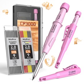 Nicpro CP3000 Carpenter Pencil with Sharpener, Mechanical Pencils Set with 19 Refills, Deep Hole Marker for Construction, Heavy Duty Woodworking Pencils for Architect (Pink) - With Case
