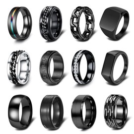 EIELO 12Pcs Rings for Men Stainless Steel Band Rings Square Signet Rings Pinky Thumb Ring Black Chunky Thick Dome Band Cuban Link Chain Ring Simple Cool Finger Ring Wedding Band Ring for Men Size 9