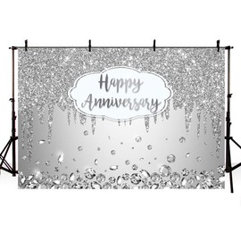 AIBIIN 8x6ft Happy Anniversary Backdrop Silver Dripping Glitter Crystals Photography Background Cheers to Wedding Anniversary Party Decorations Banner Photo Props