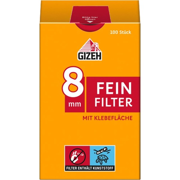GIZEH Feinfilter 8 mm Durchmesser – Fine Filter mit Klebefläche für besseren Halt – 10er Pack á 100 Filter mit 15 mm Länge – Packung mit praktischem Verschluss