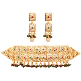 Touchstone "Mughal Jali collection" white/red/green grand bridal jewelry choker necklace in gold tone for women