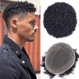 HAPPY&CC Curly Toupee Hair For Men Human Hair 8x10 Inch Full French Lace Toupee Hair System #1 Jet Black Mens Hair Replacement Wigs