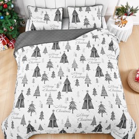 FRAMICS Christmas Quilt Queen Size, 3 Pieces Christmas Tree Quilt Sets with 2 Pillow Shams, Merry Christmas Beding Set Reversible Soft Lightweight Quilts, Grey Christmas Bedspread Coverlet, 90"x90"
