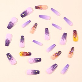 Purple Ombre Press on Nails Medium Coffin Fake Nails with Colorful Ink Dot Designs French Tip Nails Full Cover Glue on Nails Artificial Nails Reusable Acrylic Nail Kit for Women 24Pcs