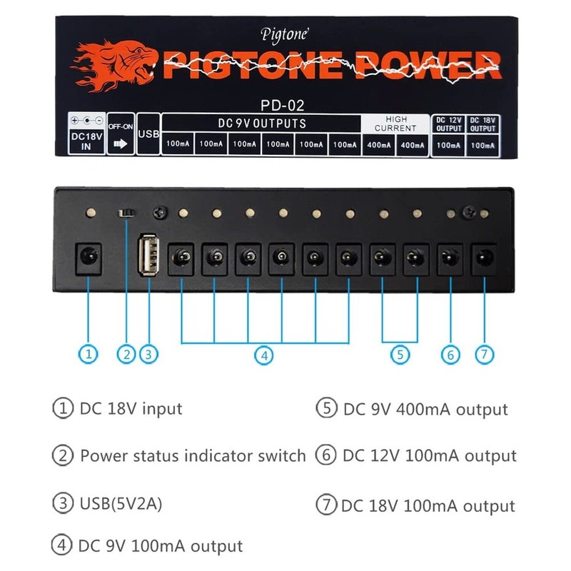 pigtone Guitar Power Supply 10 Isolated DC Output for 9V/12V/18V
