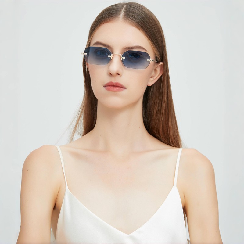 WDZAYXC Retro Rimless Sunglasses for Women Men Hexagonal Sunglasses, Gold/Grey