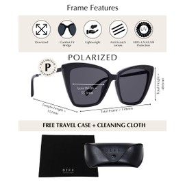 DIFF Becky II Designer Oversized Cat Eye Sunglasses for Women UV400 Polarized Protection, Black + Dark Smoke