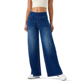 Women's High Rise Wide Leg Jeggings - Stretch Pull On Jeans-Style Pants, Soft Denim with Pockets