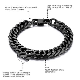 Oidea Men’s, Stainless Steel, Bicycle Chain Bracelet, 13 mm Wide, Biker-Style Link Bracelet, Polished Curb Chain Bracelet, Biker Motorcycle Chain, Black, Silver, Gold, Stainless Steel
