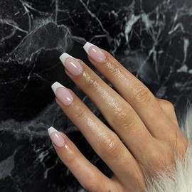 Sxvme 30 Uñas Postizas Cortas Con Punta Francesa Blancas, Uñas Postizas Cortas Con Forma De Ataúd, Uñas Acrílicas Francesas Con Pegamento, Uñas Postiz