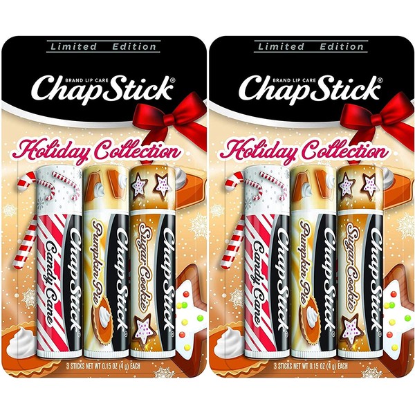 ChapStick Holiday Limited Edition Seasonal Flavored Lip Balm Tube, Candy Cane, Pumpkin Pie & Sugar Cookie Flavors, 0.15 Ounce Each, 6 Sticks Total