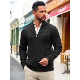 Runcati Mens Full Zip Cardigan Sweater Casual Mock Neck Ribbed Knitted Winter Chunky Sweaters Black
