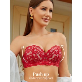zossav Strapless Bra Push Up Lace Padded Convertible Multiway Underwire Bras Add 1 Cup 34C Red