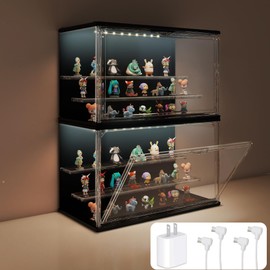 VERSSURE Acrylic Display Case for Collectibles,3-Tier Adjustable Figure Display Case with Led Light,Stackable Clear Storage Bins with Magnetic Door for Toys,Jewelry,Mini Figure Showcase(2PCS,Black)