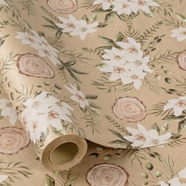 RUSPEPA Kraft Christmas Floral Wrapping Paper Roll, Mini Roll, Vintage White Flower and Greenery Design, Elegant Kraft Gift Wrap for Girls, Women, Friends, Xmas Holiday, Wedding, 17 Inches x 16.4 Feet