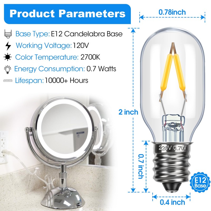 Glooglitter Makeup Mirror Replacement LED Bulbs, E12 Base Type T