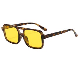 Teumire Retro Square Aviator Sunglasses for Women Men Classic 70s Vintage Trendy Rectangle Sun Glasses Shades UV 400 (Leopard/Yellow)