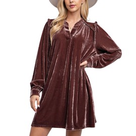 chouyatou Women's Long Sleeve Velvet Party Dress Frilly V-Neck Tunic Shift Short Dress with Pockets (X-Large, Pink Brown)