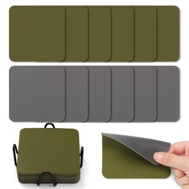 Myir JUN Coasters Set of 12 - 4 Inch Double Sided Leather Coasters - Waterproof Non-slip Easy to Clean with Holder (Gray Green)