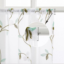 MRTREES Voile Sheer Tier Curtains, Floral Embroidered Kitchen Tiers Rod Pocket, Multi Color Cafe Curtain Tiers Small Half Window Treatment for Bathroom(2 Panels, 30x24 Inches, White)