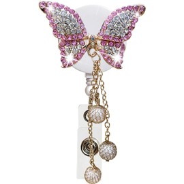 Crystal Pink Butterfly Rhinestones Retractable Badge Reel, Bling Diamond Nurse Badge Holder Reels with Swivel Alligator Clip Badge Holders for Students Teachers Employees Volunteers