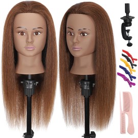 Cabeza de maniquí de 45 cm con cabello 100% real, liso, de piel morena, para práctica de trenzado, cosmetología y estilismo (marrón)