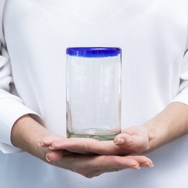 Handmade con Amor - 15 oz Hand Blown Mexican Drinking Glasses - Set of 6 tumblers, 15 fl oz each, Cobalt Blue Rim