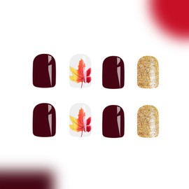 Burgundy Press on Nails Short Square Fake Nails with Maple Leaf Designs Gold Glitter Nails Press ons Fall Winter Glue on Nails Cute False Nails Natural Stick on Nails for Women 24Pcs